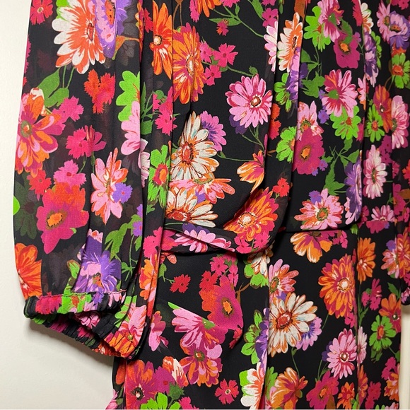 MARELLA - Deep Fuchsia - Floral Ruffle - Long-Sleeve Dress - Women’s 10 - Picture 4 of 11